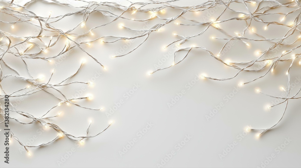 Poster delicate string lights arranged on a white background, creating a serene and festive atmosphere.