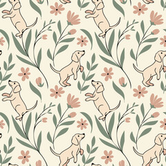 Fototapeta premium seamless pattern with dog and flowers. Created with AI (paid commercial license) and edited by the artist to ensure high quality.