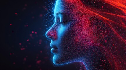 Digital profile of a woman's face with particles in red and blue hues