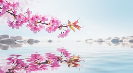 Magenta Cherry Blossoms Reflected in Calm Water with White Stones