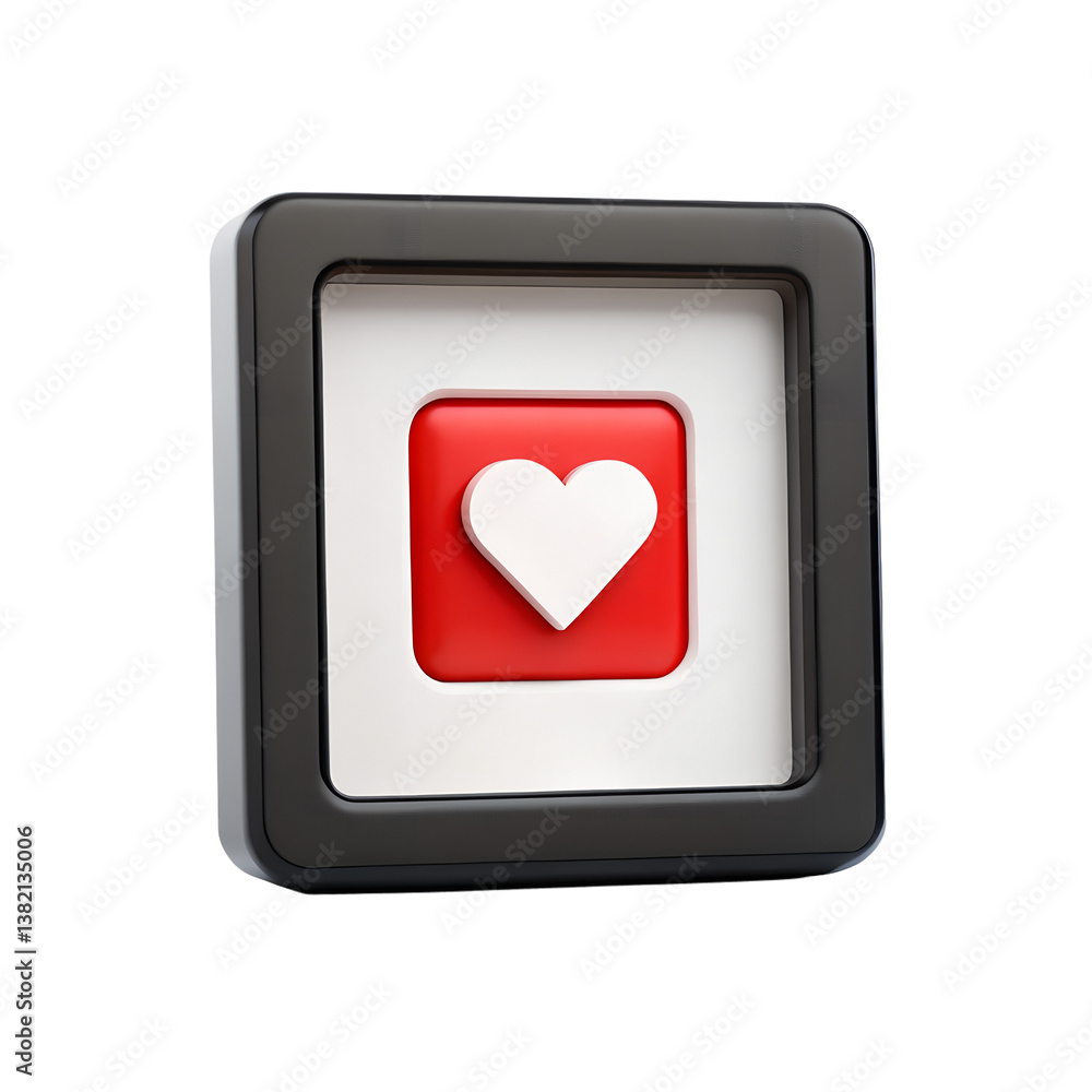 Poster three dimensional red and white heart icon in a black frame digital graphic design transparent backg