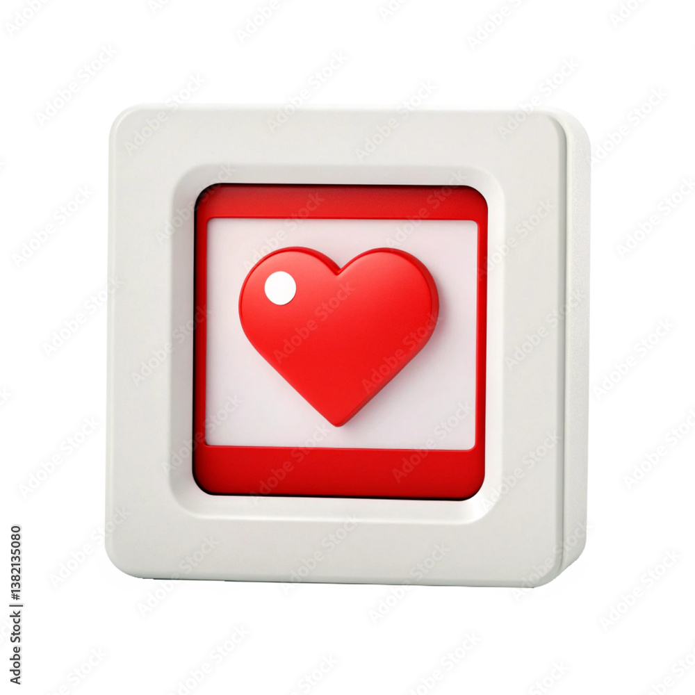 Poster a 3d render of a white square button with a red heart icon inside transparent background generative 