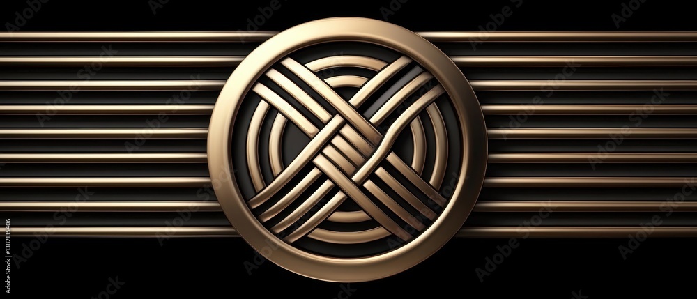 Poster a circular, intertwined pattern in gold against a dark background, featuring smooth lines that creat