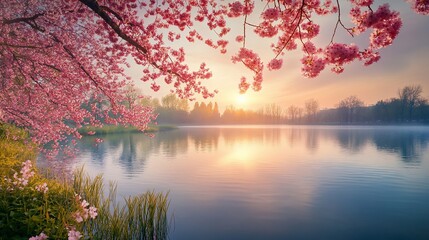 Pink blossom canopy reflecting on serene waters at golden sunrise