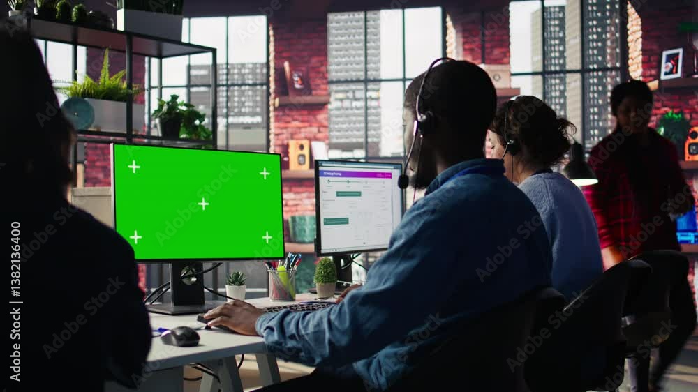 Poster call center agent using mockup green screen pc, providing step by step guidance to customers. happy 