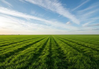 Lush Green Field Landscape under a Blue Sky Agricultural Scene, Nature Background with Cloudscape.