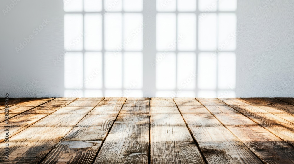 Aufkleber a sunlit wooden floor with soft shadows cast by window panes on a plain wall, creating a serene and 