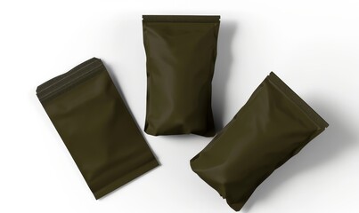 Naklejka premium Three Realistic Dark Green Pouches On A White Background,Packaging Mockup