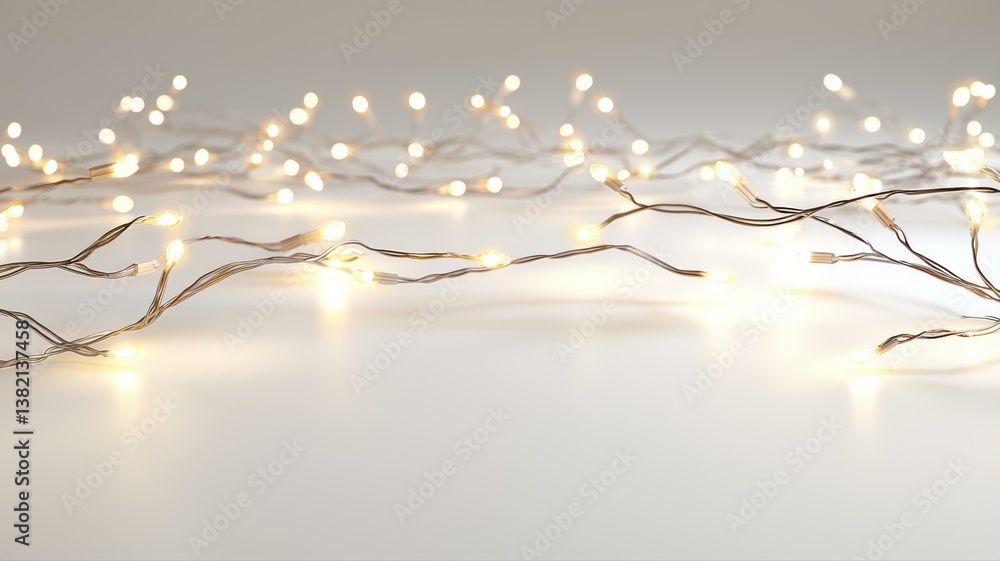 Poster warm string lights on white surface creating a cozy, festive mood; perfect for design and decoration