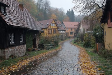 Traditional village road with half-timbered houses and flower-filled windows
