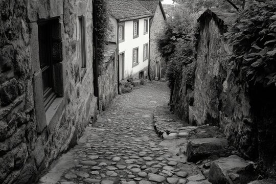 Old narrow alley with stone path and textured walls in grayscale lighting