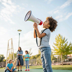Motivation durch das Megafon: Ein Kind ermutigt die Welt