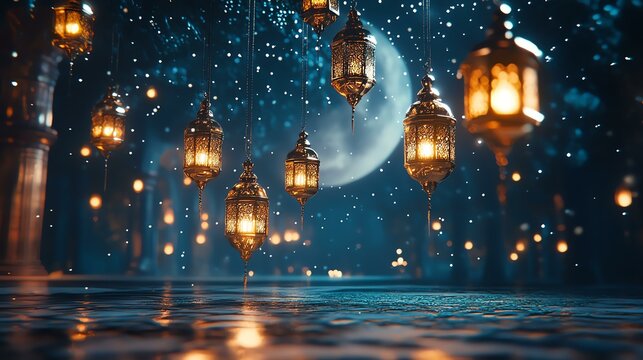 Magical lanterns illuminate a moonlit scene.