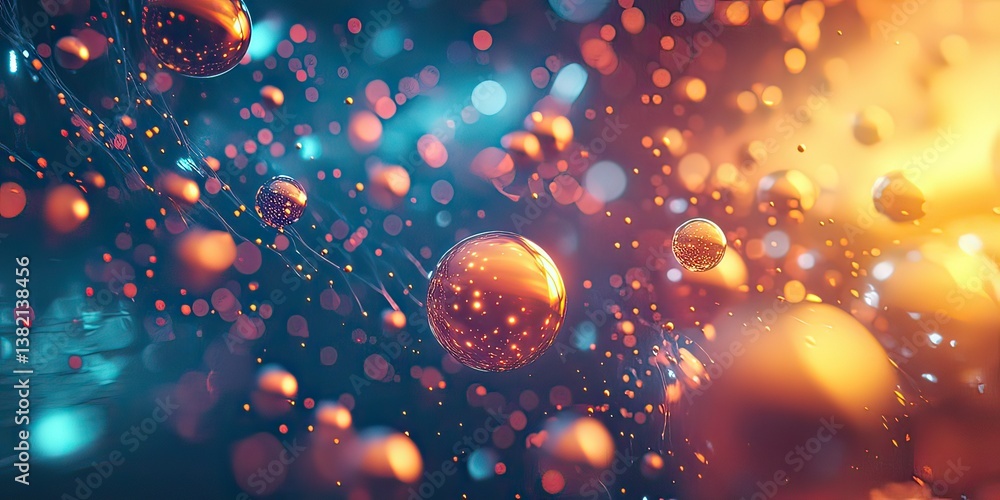 Poster abstract golden spheres floating amidst a field of bokeh lights backdrop, created by ai generated