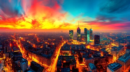 Obraz premium Fiery Sunset over Warsaws Skyline with Poland.