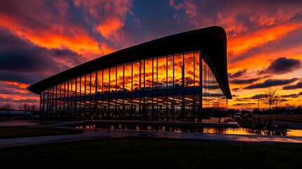Fiery Sunset Reflects on Modern Glass Building.