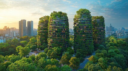 Green skyscrapers in a city