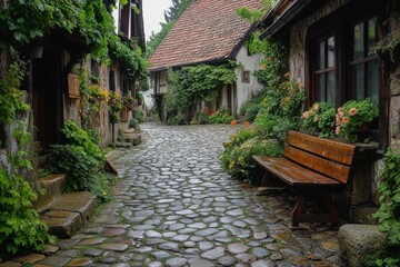 Fototapeta premium Narrow village alley with cobblestones and flowered balconies in a peaceful setting