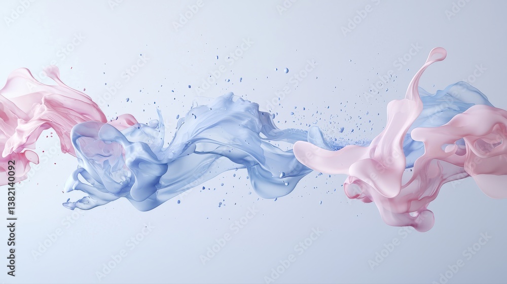 Poster abstract splash of pastel pink and blue liquid on a light background, creating a dynamic and artisti