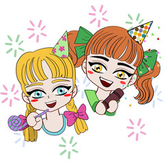 ilustration two little girls are having fun at a birthday party