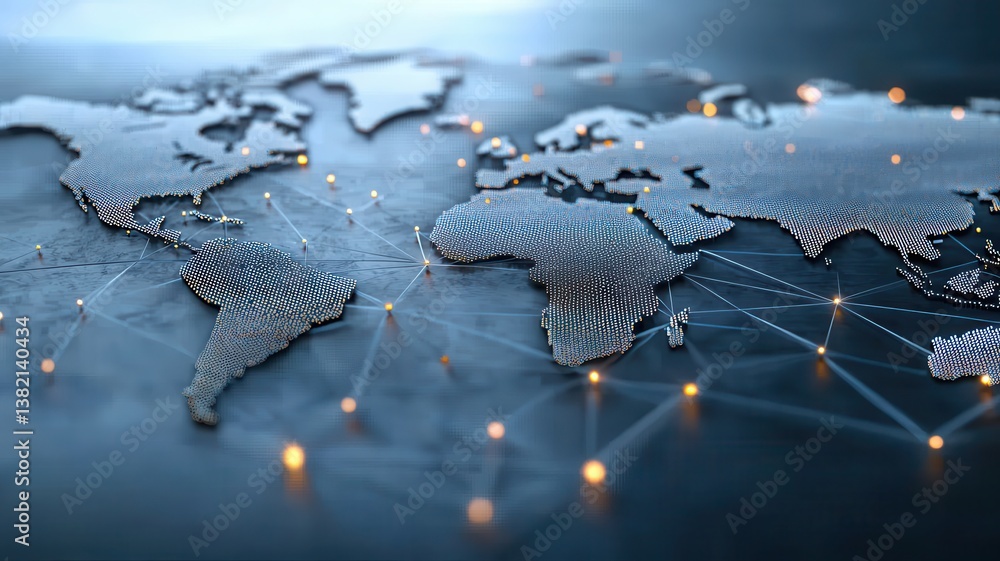 Poster abstract world map with glowing connections, representing global technology networks and communicati