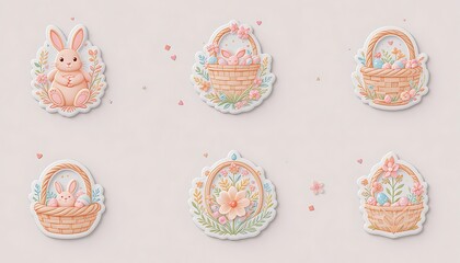 Easter Bunny and Baskets with Pastel Flowers Sticker Sheet Design