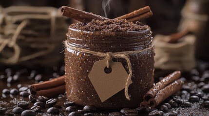 Brown sugar scrub in a jar with cinnamon and coffee beans on table