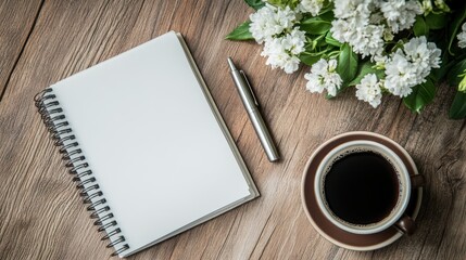 Blank notepad, pen, coffee, flowers, wood desk, office workspace