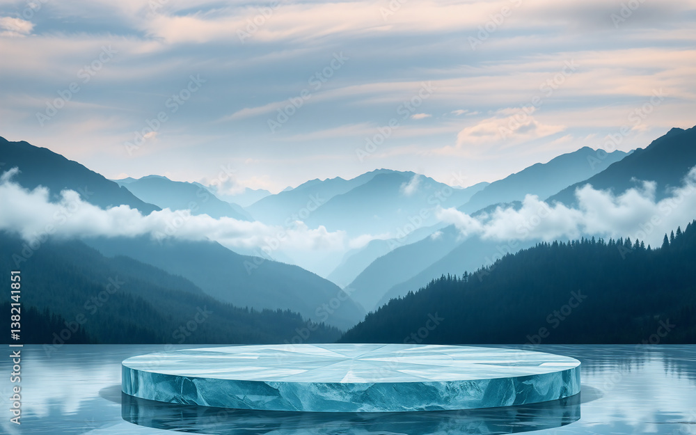 Poster serene landscape with circular platform in calm water. layered mountains fade into a cloudy sky. the