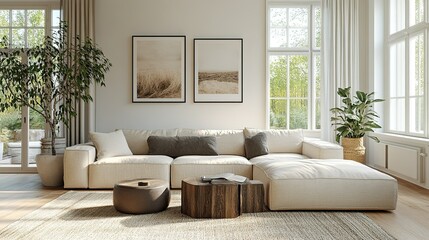 A modern living room with a beige couch.