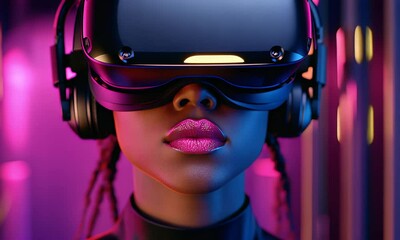 A young woman wearing a VR headset and headphones, bathed in neon light, explores virtual realms - Powered by Adobe