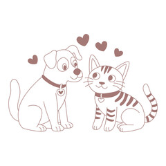 A striped cat and a dog are friends. Pets.