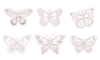 A set of butterflies. Outline.