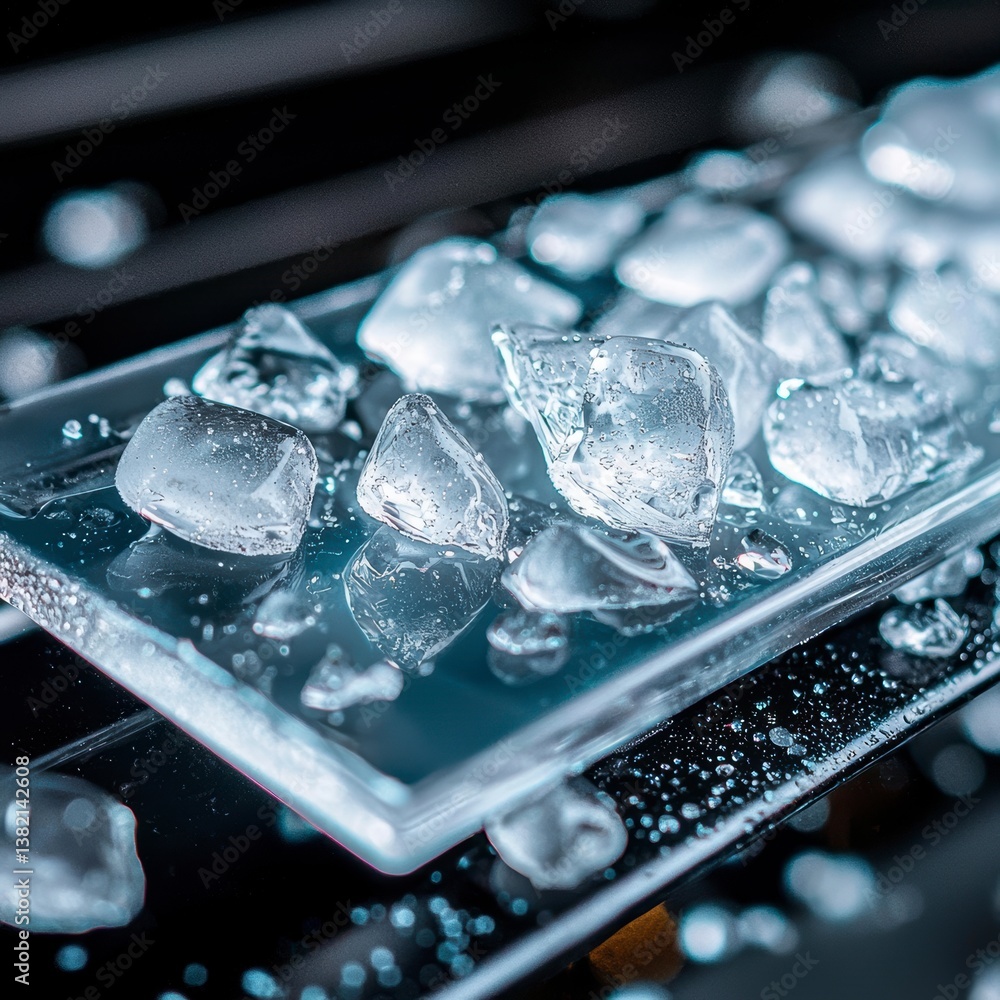 Poster melting ice cubes on glass surface close-up photography studio setting macro view refreshing concept