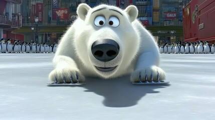 A large animated polar bear on ice surface
