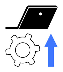 Laptop silhouette paired with a gear and upward arrow indicating system optimization, progress, and improvement. Ideal for technology, innovation, development, growth, success, software update