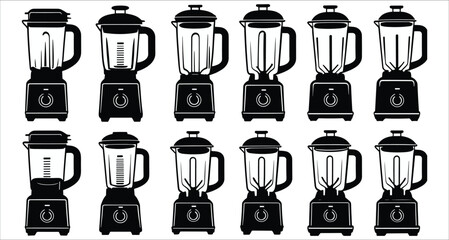 Set of different blender silhouettes vector. Black blender silhouettes collection. Black and white electric blenders silhouettes. Black silhouettes of kitchen blender icons