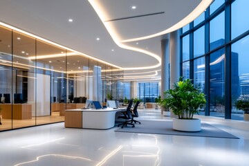 Modern open space office with curved ceiling lights illuminating the workspace