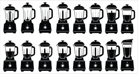 Fototapeta premium Set of different blender silhouettes vector. Black blender silhouettes collection. Black and white electric blenders silhouettes. Black silhouettes of kitchen blender icons