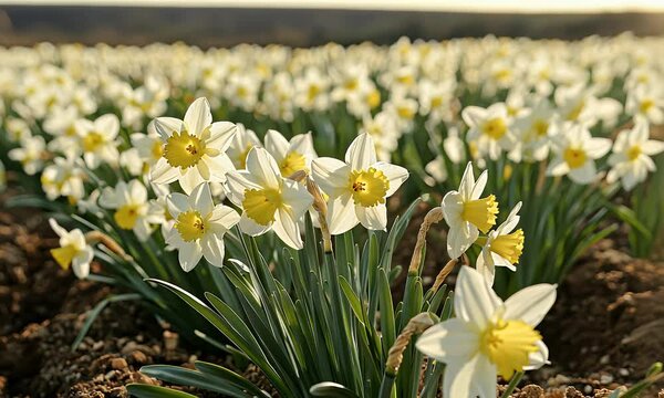 Field of bright yellow and white daffodils blossoming in rows, bathed in golden sunlight, showing nature's beauty