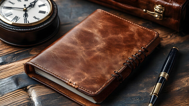 office setup featuring a leather organizer, a fountain pen, a small calendar, and a cup of coffee on a wooden desk 
