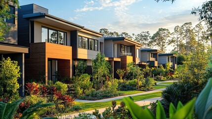 A modern residential community surrounded by greenery and eco-conscious homes.