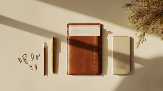 leather desk organizer with a high-quality pen, a notepad, and a set of paper clips, placed neatly on a light-colored desk 