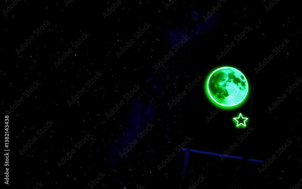 Poster a vibrant green moon and a shining star illuminate the dark expanse of space. a nebula subtly glows 