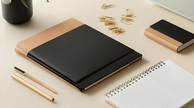 leather desk organizer with a high-quality pen, a notepad, and a set of paper clips, placed neatly on a light-colored desk 