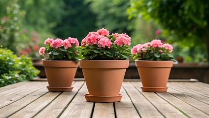Three terracotta pots filled with blooming pink flowers sit gracefully on a rustic wooden table, surrounded by lush greenery. The image captures the essence of tranquility and natural beauty, inviting