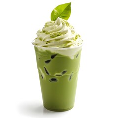 Green Tea Bubble Tea with Whipped Cream and Mint Leaf