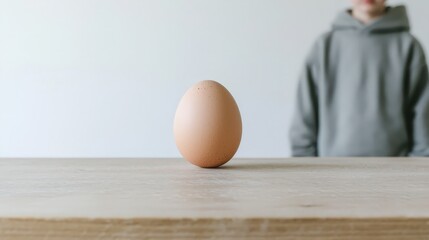 03041409 16 A luxury composition with glowing egg reflecting on polished wooden table, soft-focus child in the background