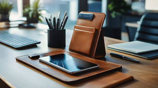 leather office organizer with a phone stand, a notebook, and a sleek pen, creating a contemporary and efficient workspace 