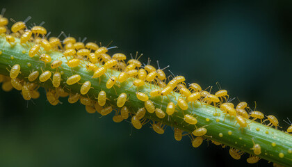 Fototapeta premium In a vivid display, numerous yellow aphids gather closely on a green plant stem, showcasing their delicate features in natural light. This highlights their presence in the ecosystem